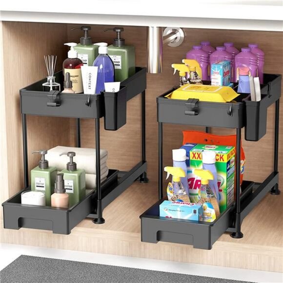 Sliding Cabinet Basket Organizer 2 Tier Under Bathroom Storage Black, 2 Pack - Picture 3 of 7